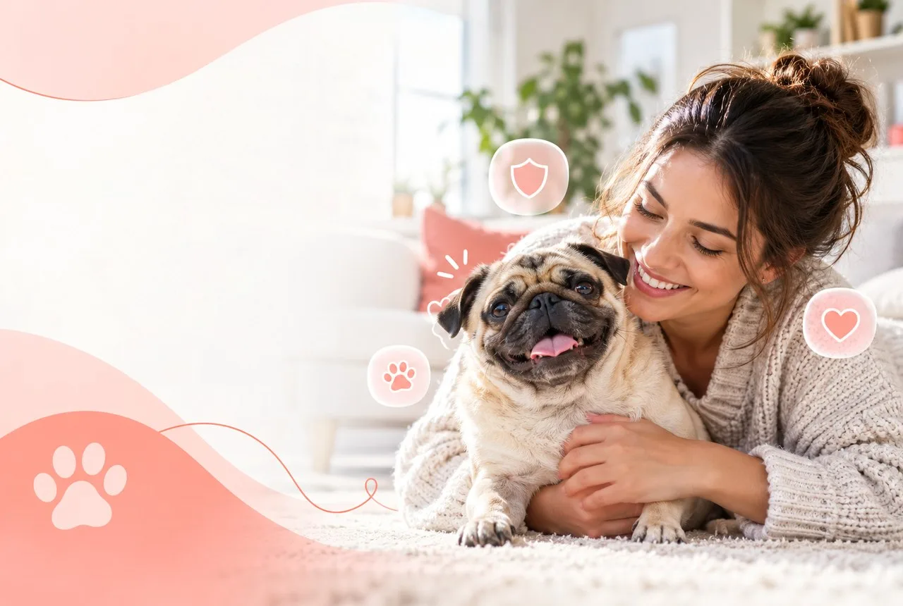 Owner holding a small dog while seated at home